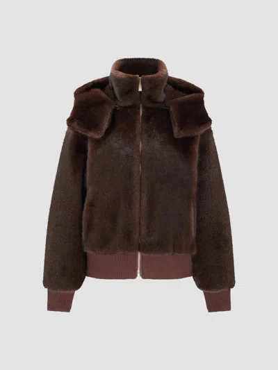 Lyla Grant Women's Mink Hooded Jacket With Knitted Cuffs And Bottom In Dark Brown
