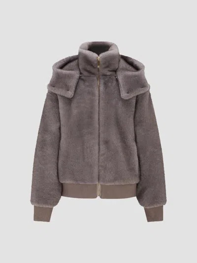 Lyla Grant Women's Mink Hooded Jacket With Knitted Cuffs And Bottom In Dark Grey