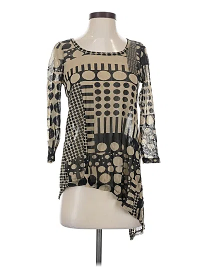 Pre-owned Lynn Ritchie Silver 3/4 Sleeve Top Tan Square Neckline Tops In Brown