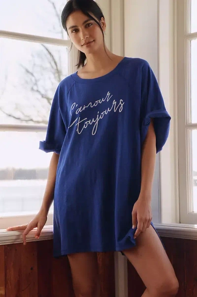 Lyrebird Cotton Oversized Graphic T-shirt In Blue
