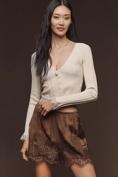 Lyrebird Lace-trim Silky Shorts In Brown