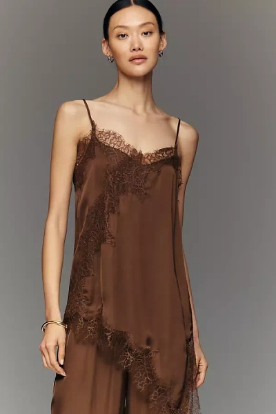Lyrebird Satin Lace-trim Asymmetrical Cami In Brown
