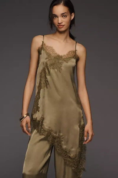 Lyrebird Satin Lace-trim Asymmetrical Cami In Green