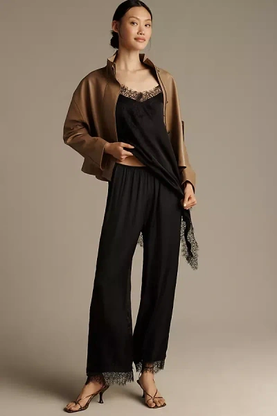 Lyrebird Satin Lace-trim Wide-leg Pants In Black