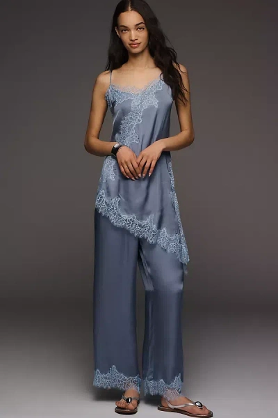 Lyrebird Satin Lace-trim Wide-leg Pants In Blue