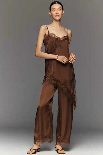 Lyrebird Satin Lace-trim Wide-leg Pants In Brown