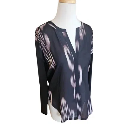Lyssé Blurred Print Henley Blouse In Black/beige In Multi