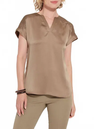 LYSSÉ CAROLINE V-NECK SATIN TOP IN OLIVE LEAF