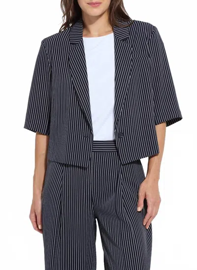 LYSSÉ CLARETTE CROPPED SHORT SLEEVE BLAZER IN MARINE PINSTRIPE