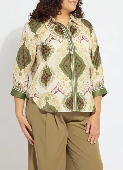 Lyssé Ishani Roll Tab Printed Shirt Curvy In Green