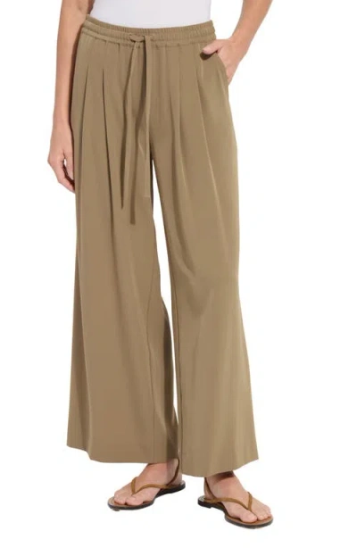 Lyssé Mae Pleated Drawstring Wide Leg Pants In Olive Leaf In Brown