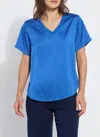 Lyssé Sonja V Neck Mix Media Top In Blue