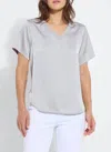 Lyssé Sonja V Neck Mix Media Top In Pearl Grey In Gray