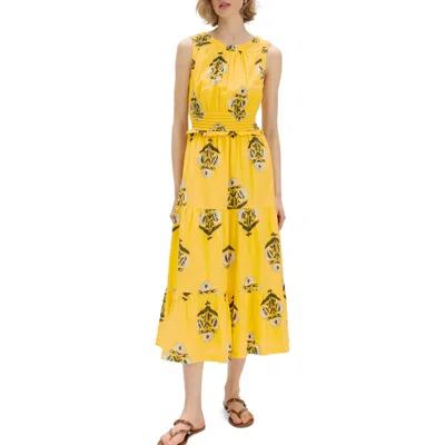 M&s Floral Pintuck Midi Dress In Yellow/multi
