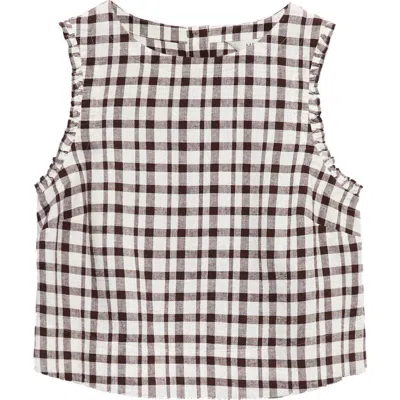 M&s Gingham Ruffle Trim Linen Blend Crop Top In Brown