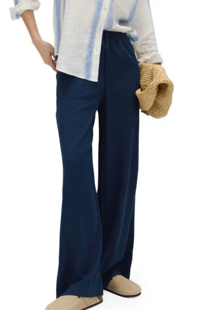 M&s Linen Blend Wide Leg Drawstring Pants In Blue