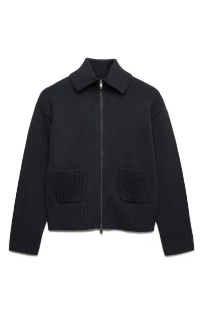 M&s Point Collar Knit Cotton & Wool Blend Jacket In Black