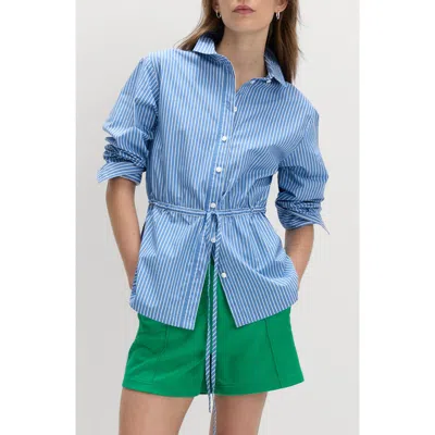 M&s Stripe Drawcord Waist Cotton Button-up Shirt In Blue