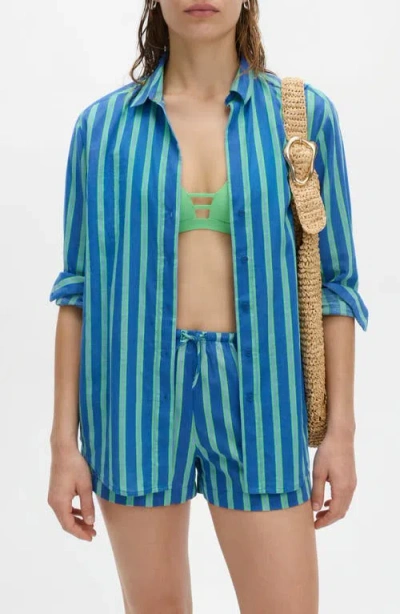 M&s Stripe Long Sleeve Cotton Button-up Top In Blue