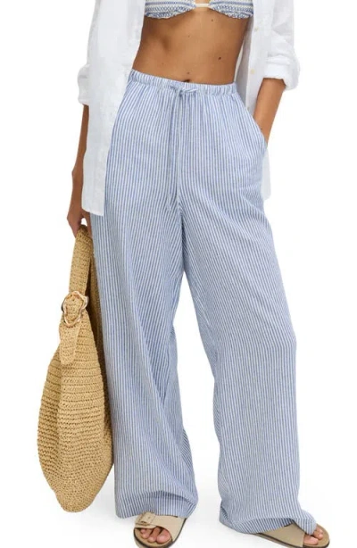 M&s Stripe Wide Leg Linen Blend Drawstring Pants In Blue