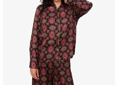 M Made In Italy Printed V-neck Button Down Shirt In Wine Tile In Brown