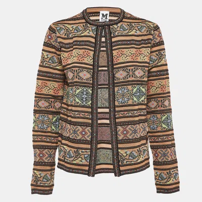 M Missoni Beige Floral Intarsia Knit Long Sleeve Cardigan In Brown