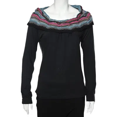 M Missoni Black Cotton Knit Contrast Overlay Detail T-shirt In Multi