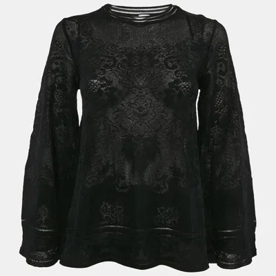 Pre-owned M Missoni Black Floral Knit Flared Long Sleeve Top S