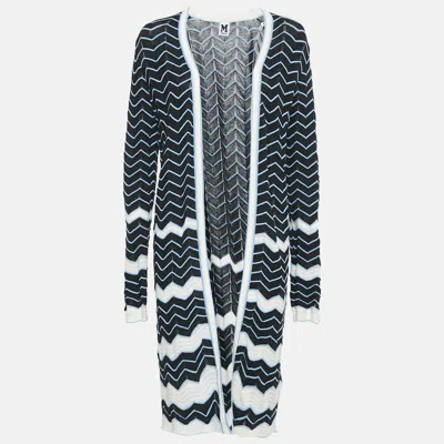 Pre-owned M Missoni Black/blue Chevron Pattern Knit Open Front Long Cardigan M