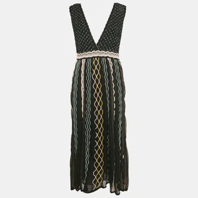 M Missoni Black/blue Patterned Knit Plunge Neck Midi Dress In Multi