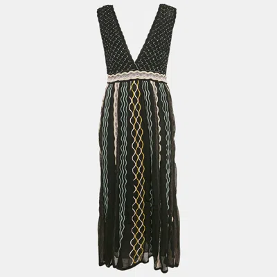 Pre-owned M Missoni Black/blue Patterned Knit Plunge Neck Midi Dress L