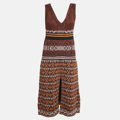 M Missoni Black/orange Patterned Lurex Knit V-neck Midi Dress In Multi