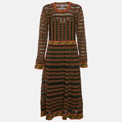 Pre-owned M Missoni Black/orange Pointelle Knit Long Sleeve Midi Dress L