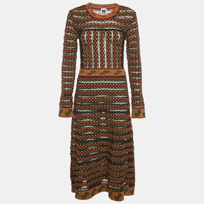 Pre-owned M Missoni Black/orange Pointelle Knit Long Sleeve Midi Dress L