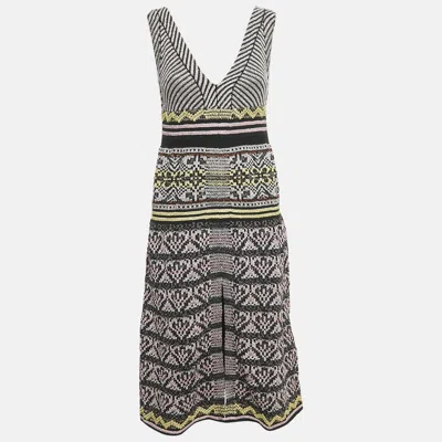 Pre-owned M Missoni Black/pink Patterned Knit V-neck Midi Dress S