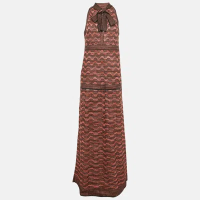 Pre-owned M Missoni Black/pink Patterned Lurex Knit Neck Tie Detail Maxi Dress M