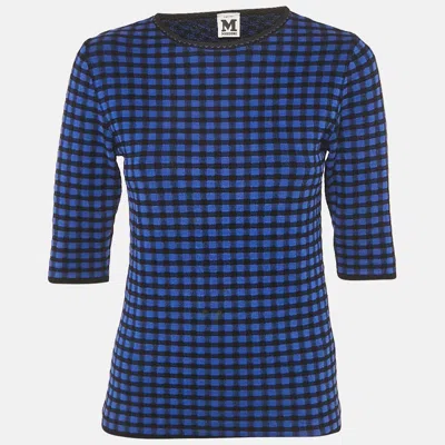 M Missoni Blue Checks Stretch Knit Round Neck Top