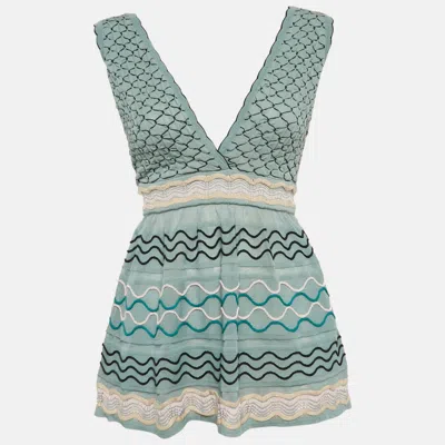 M Missoni Blue Patterned Knit V-neck Flared Top In Animal Print