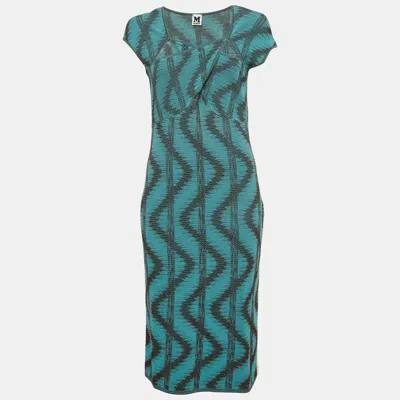 Pre-owned M Missoni Blue Zig Zag Lurex Knit Midi Dress L