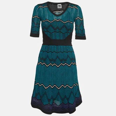 Pre-owned M Missoni Blue/black Chevron Knit V-neck Flared Mini Dress S