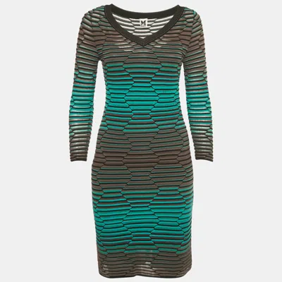 M Missoni Blue/grey Textured Knit V-neck Mini Dress In Green