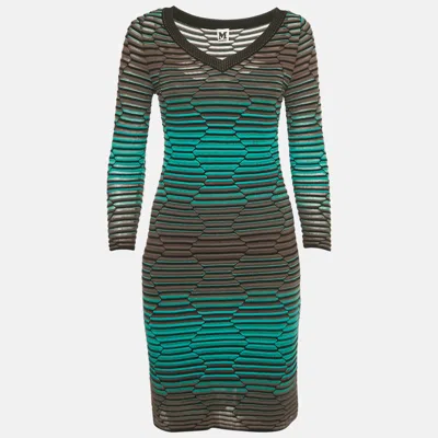 M Missoni Blue/grey Textured Knit V-neck Mini Dress In Multi