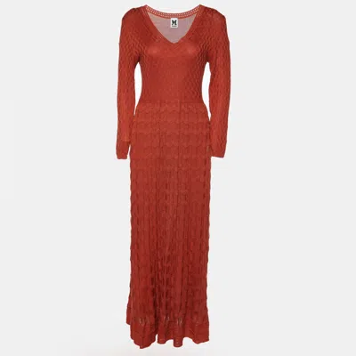 Pre-owned M Missoni Brick Red Textured Knit Long Sleeve Maxi Dress L