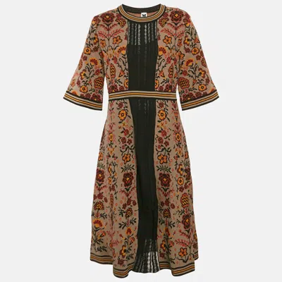 M Missoni Brown Floral Pattern Knit Lace Trim Midi Dress In Multi