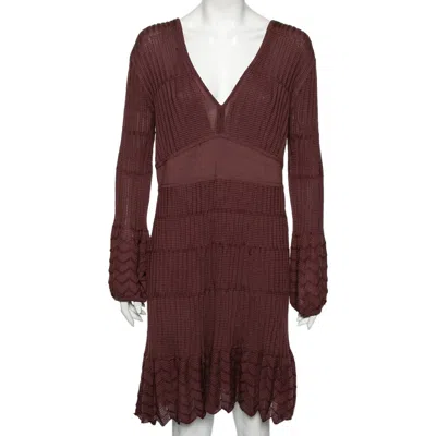 M Missoni Burgundy Patterned Knit Long Sleeve V-neck Dress In Brown