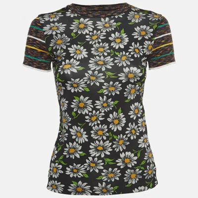 M Missoni Collection Black Floral Print Knit Short Sleeve T-shirt In Multi