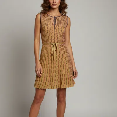Pre-owned M Missoni Gold Patterned Lurex Knit Belted Midi Dress M
