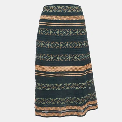 Pre-owned M Missoni Green Stripe Patterned Knit Midi Skirt S
