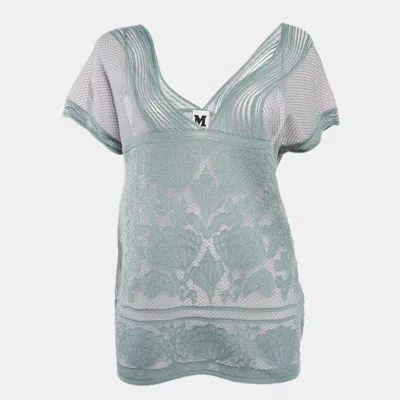 Pre-owned M Missoni Ice Blue Lurex Textured Knit V-neck Top L