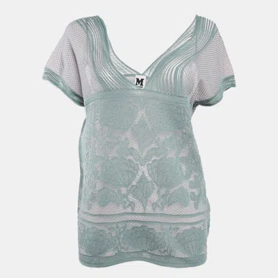 Pre-owned M Missoni Ice Blue Lurex Textured Knit V-neck Top L